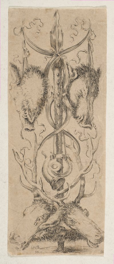 Jakttrofé med hjorthuvuden i botten, ca. 1653. av Stefano della Bella