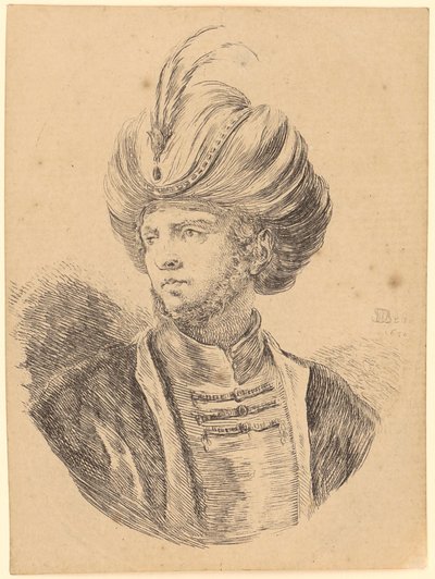 Ung man med hakskägg och turban i trekvartsprofil åt vänster av Stefano della Bella
