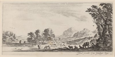 Landskap med herde som vaktar sin flock, under eller före 1647. av Stefano della Bella