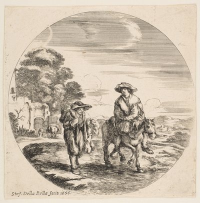 Landskap med två bönder, en som rider på en häst, från landskap och hamnar Paysages ..., 1656. av Stefano della Bella