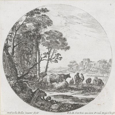 Landskap med flock och korintisk huvudstad Landskap och ruiner i Rom (serietitel) Paysages et ruines de Rome (serietitel) av Stefano della Bella