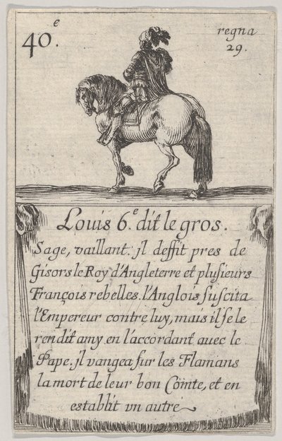 Louis 6.-e dit le gros Sage, vaillant..., från Game of the Kings of France Jeu des Ro..., 1644. av Stefano della Bella