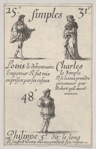 Louis le debonnaire... Charles le Simple, från Game of the Kings of France Jeu des Rois..., 1644. av Stefano della Bella