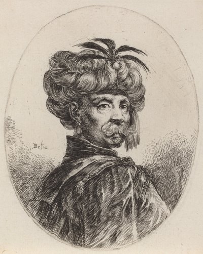 Förtöja i en turban trimmad med fem fjädrar, 16491650. av Stefano della Bella