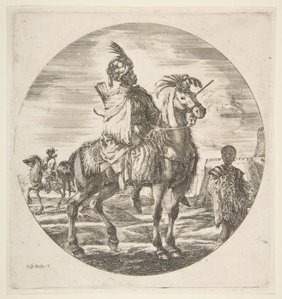 Morisk ryttare i profil vänd åt höger, en svart slav som håller en päls till höger, en annan..., ca. 1651. av Stefano della Bella