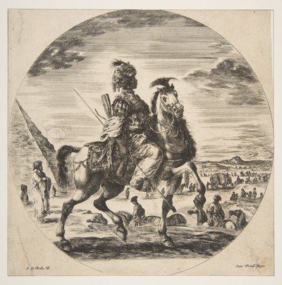 Morisk ryttare i profil vänd höger, i bakgrunden en pyramid till vänster, många fi..., ca. 1651. av Stefano della Bella