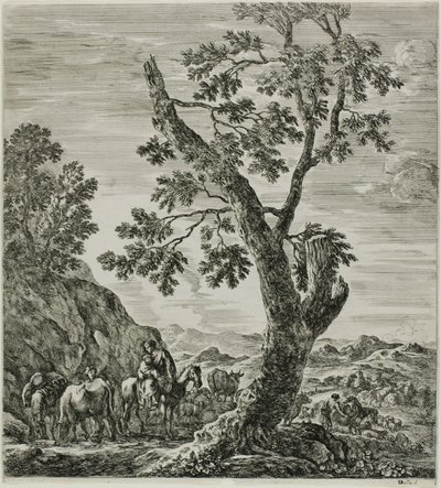 Beriden bonde med ett barn i famnen, tallrik sex från The Six Large Views of Rome and the Campagna av Stefano della Bella