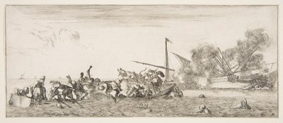 Sjöstrid, en roddbåt fylld med människor som slåss med musköter till vänster, folk drunknar..., ca. 1641. av Stefano della Bella