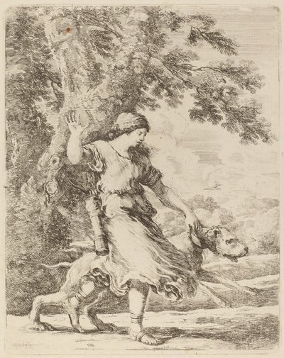 Nymf som håller en stor hund i ett halsband av Stefano della Bella