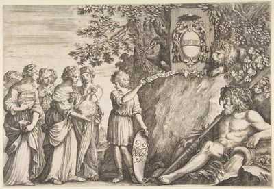 Ornamentdesign för en avhandling, Strozzis vapen upptill, ca. 1660. av Stefano della Bella