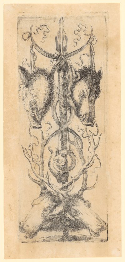 Ornamental panel med två vildsvinshuvuden upptill, två hjorthuvuden nedtill och ett horn i mitten, blad 8 ur serien ”Ornament eller grotesker” av Stefano della Bella