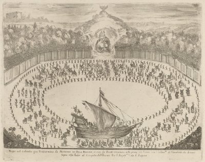 Parad med en vagn som har formen av ett skepp av Stefano della Bella