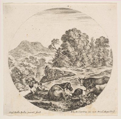 Plåt 10: en häst liggandes i mitten, en ko och två getter till höger, två sittande får..., ca. 1646. av Stefano della Bella