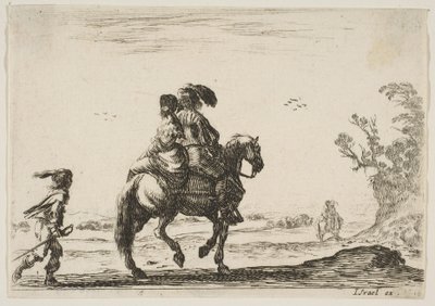 Plåt 10: en ryttare och en kvinna, sedda bakifrån, ridande åt höger med en unge ..., 1642. av Stefano della Bella