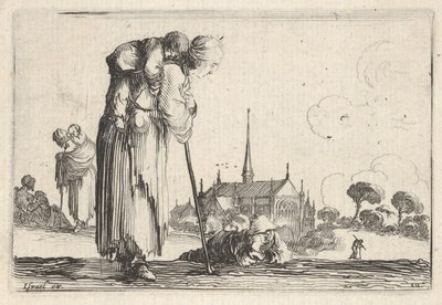 Plåt 10: en bondkvinna vände åt höger med ett barn på ryggen, en pojke lyi..., ca. 1642. av Stefano della Bella