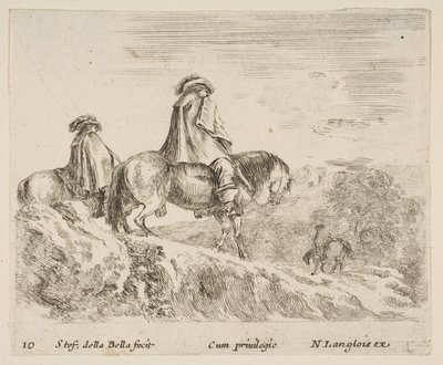 Plåt 10: två ryttare som går ner för ett berg till vänster, en annan ryttare till höger i ..., ca. 1644-47. av Stefano della Bella