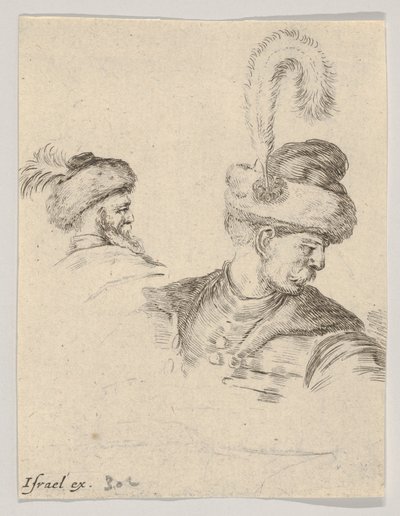 Skylt 11: en polsk byst i profil, vänd åt höger, ytterligare ett polskt huvud sett från..., ca. 1649. av Stefano della Bella