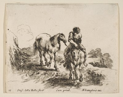 Plåt 11: en ung ryttare, sedd framifrån, leder en annan häst, från Diver..., ca. 1644-47. av Stefano della Bella