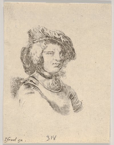 Skylt 11: byst av en man med keps och tittar åt höger, från Various heads a..., 1650. av Stefano della Bella
