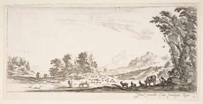 Plåt 11: herdinna som sitter till höger under ett träd och tittar på sin flock till vänster..., ca. 1641. av Stefano della Bella