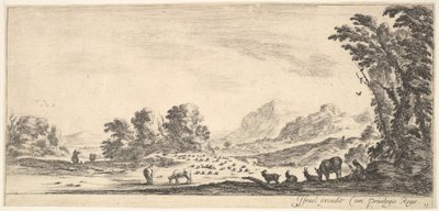 Plåt 11: herdinna som sitter till höger under ett träd och tittar på sin flock till vänster..., ca. 1641. av Stefano della Bella