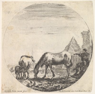 Plåt 11: Caius Cestius pyramid till höger i bakgrunden, en häst som betar ..., ca. 1643-48. av Stefano della Bella