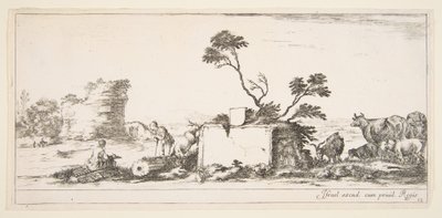 Plåt 12: en sittande ritare till vänster, en stående herde bredvid honom till höger, ruin..., ca. 1641. av Stefano della Bella