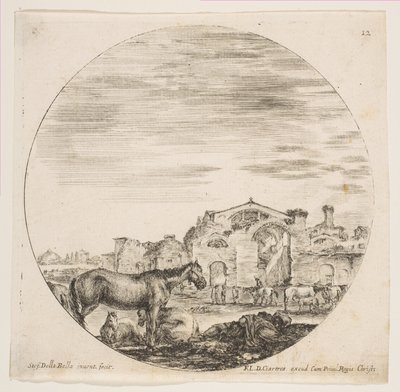 Tavla 12: en herde som sover på marken till höger, tre hästar till vänster, andra hästar..., ca. 1646. av Stefano della Bella