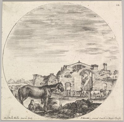 Tavla 12: en herde som sover på marken till höger, tre hästar till vänster, andra h..., ca. 1643-48. av Stefano della Bella