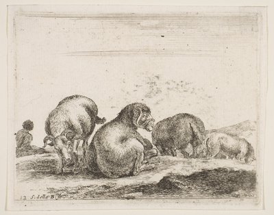 Plåt 12: får och bagge i en hage, från Diverse djur Diversi animali, ca. 1641. av Stefano della Bella