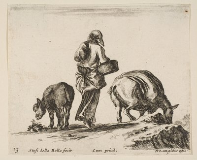 Plåt 13: en bondkvinna, sedd bakifrån, med en korg i mitten, en åsna..., ca. 1644-47. av Stefano della Bella