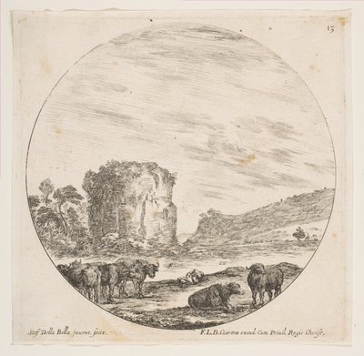 Plåt 13: ruiner av ett tempel i ett romerskt landskap, från romerska landskap och ruiner P..., ca. 1646. av Stefano della Bella