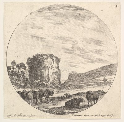 Plåt 13: ruiner av ett gammalt tempel i bakgrunden, en flock kor i förgrunden..., ca. 1643-48. av Stefano della Bella