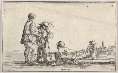 Plåt 13: två bönder står till vänster, en krympling på knä på marken i mitten, en..., ca. 1642. av Stefano della Bella