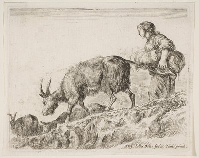 Tavla 14: herdinna som vallar getter, från Diverse djur Diversi animali, ca. 1641. av Stefano della Bella
