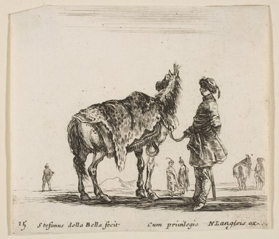 Plåt 15: en polsk adelsman, vänd bort, med sin häst täckt av leopardskinn..., ca. 1644-47. av Stefano della Bella