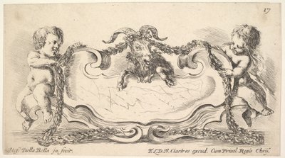 Skylt 17: en kartusch med ett marmorcentrum, ett spädbarn på vardera sidan som håller en girlangove..., 1646. av Stefano della Bella