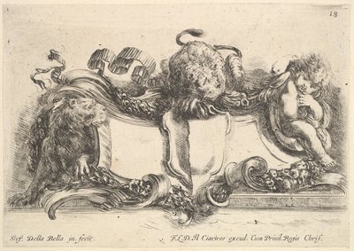 Plåt 18: en kartusch innehållande ett tomt vapen, två lejoninnor, en till vänster och en i cent..., 1646. av Stefano della Bella