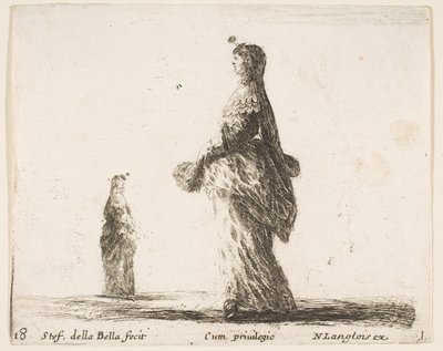 Plåt 18: en adelsdam som går åt vänster med en fjäderfjädrad solfjäder, en annan kvinna..., ca. 1644-47. av Stefano della Bella