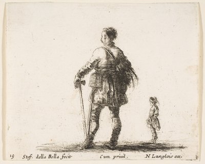 Tavla 19: en polsk adelsman i hovdräkt, stående i mitten, sedd bakifrån, en..., ca. 1644-47. av Stefano della Bella
