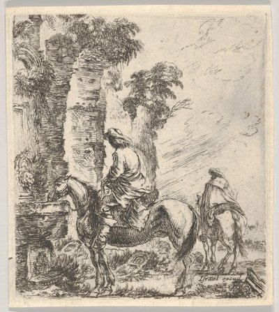 Plåt 19: en ryttare som får sin häst att dricka från en bassäng med en fontän till vänster, en annan h..., ca. 1646. av Stefano della Bella