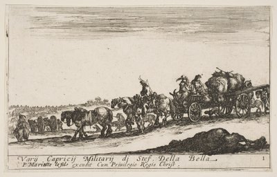 Plåt 1: En hästdragen vagn som transporterar människor och varor, död häst i förgrunden, f..., ca. 1641. av Stefano della Bella