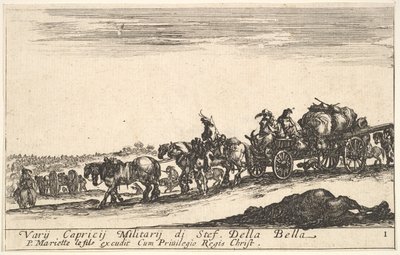 Plåt 1: En hästdragen vagn som transporterar människor och varor, död häst i förgrunden, f..., ca. 1641. av Stefano della Bella