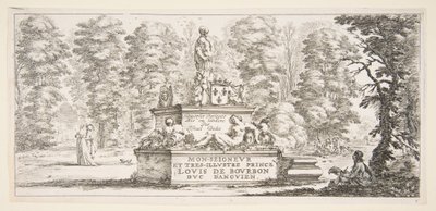 Plåt 1: ett monument med statyer och ett vapen i mitten, en ritare på..., ca. 1643. av Stefano della Bella
