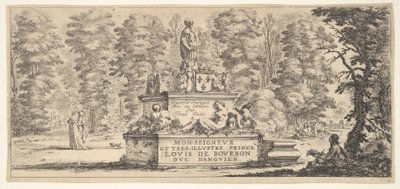Plåt 1: ett monument med statyer och ett vapen i mitten, en ritare på..., ca. 1641. av Stefano della Bella