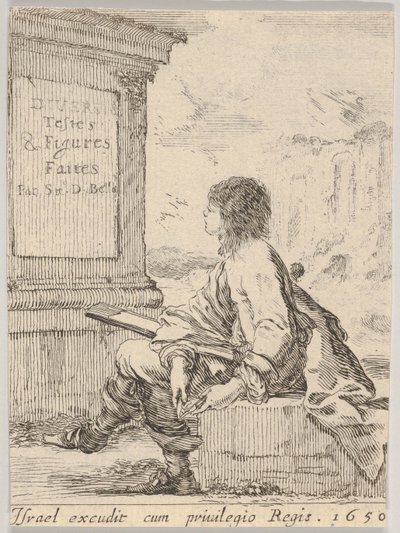 Tavla 1: en ung man som sitter på en sten, vänd åt vänster i profil, med ett ritblock i ..., 1650. av Stefano della Bella