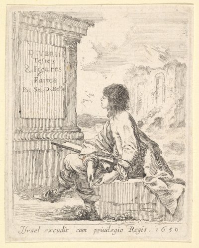 Tavla 1: en ung man som sitter på en sten, vänd åt vänster i profil, med ett ritblock i ..., 1650. av Stefano della Bella