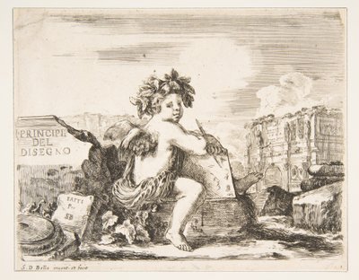 Tavla 1: ritningens geni, ett barn med vingar, sittande på en sten i mittsvängen..., ca. 1641-43. av Stefano della Bella
