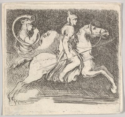 Plåt 20: en soldat i profil galopperande åt höger med en lans i höger hand..., ca. 1646. av Stefano della Bella