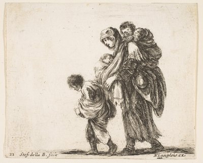 Plåt 22: en tiggarkvinna med tre barn, ett barn på axlarna, ett barn..., ca. 1644-47. av Stefano della Bella